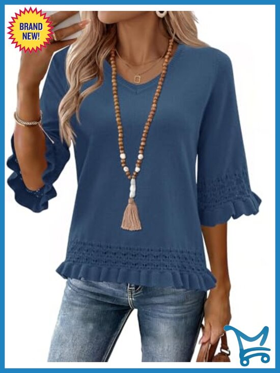 Sweaters - Women's 3/4 Sleeve V-Neck Peplum Crop Knit Pullover Sweater